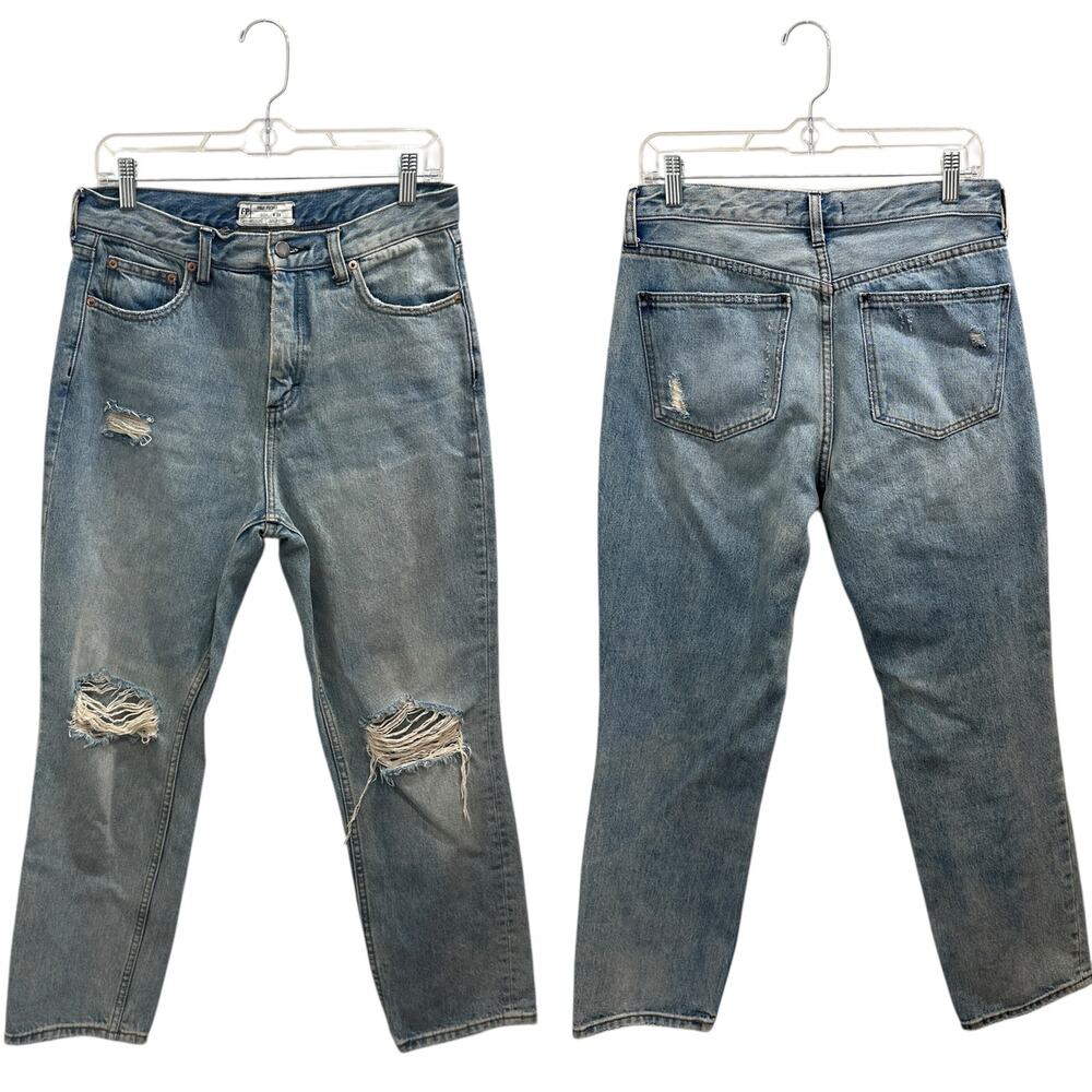 Free People Distressed High Rise Straight Jeans‎ Dirty Wash Blue Denim Casual 29